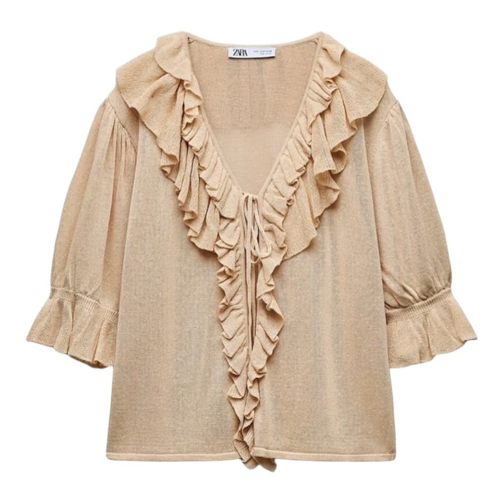 Zara Ruffle Knit Blouse size M NWT Beige Puff Sleeve Romantic Cottagecore - Picture 2 of 6